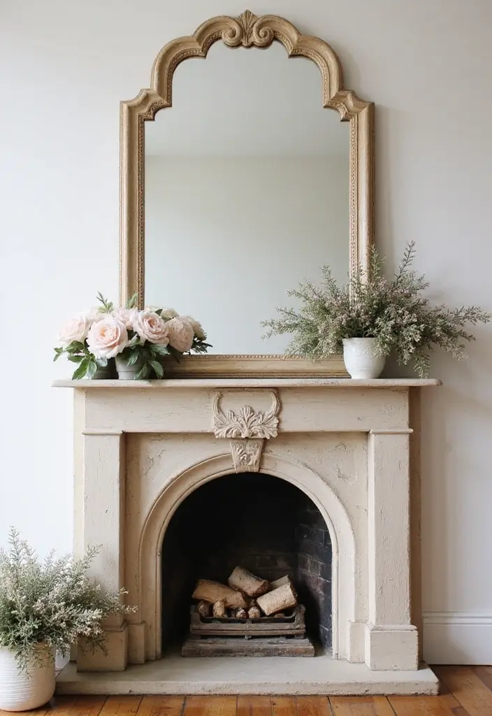30 Fireplace Mirror Ideas That Add Depth and Elegance 18 30 Fireplace Mirror Ideas That Add Depth and Elegance - 18. Vintage Scalloped Mirror