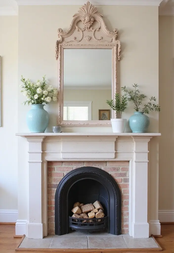 30 Fireplace Mirror Ideas That Add Depth and Elegance 19 30 Fireplace Mirror Ideas That Add Depth and Elegance - 19. Vintage Shabby Chic Mirror