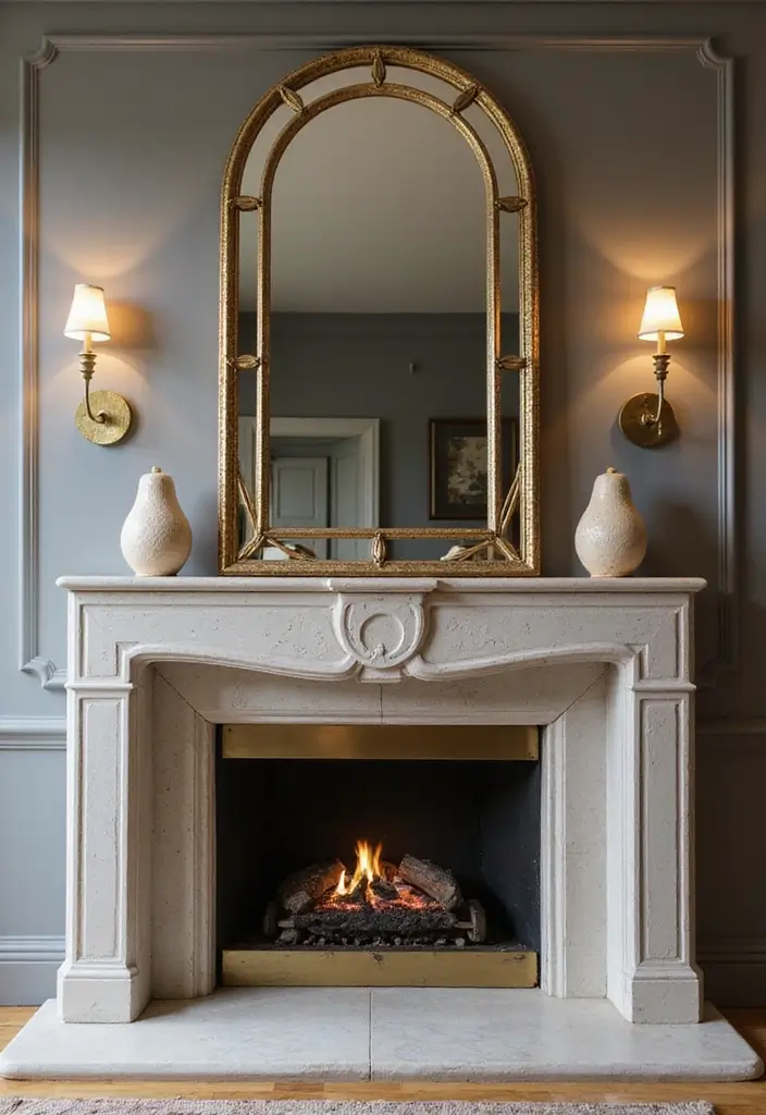 30 Fireplace Mirror Ideas That Add Depth and Elegance 22 30 Fireplace Mirror Ideas That Add Depth and Elegance - 22. Vintage Art Deco Mirror