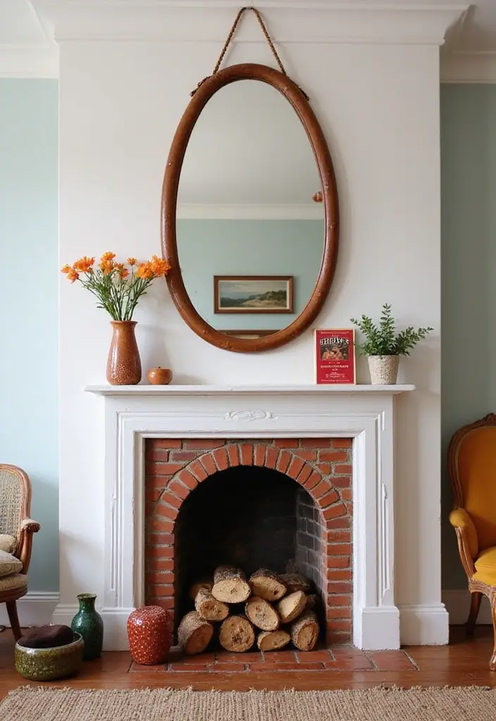 30 Fireplace Mirror Ideas That Add Depth and Elegance 23 30 Fireplace Mirror Ideas That Add Depth and Elegance - 23. Vintage Bean-Shaped Mirror