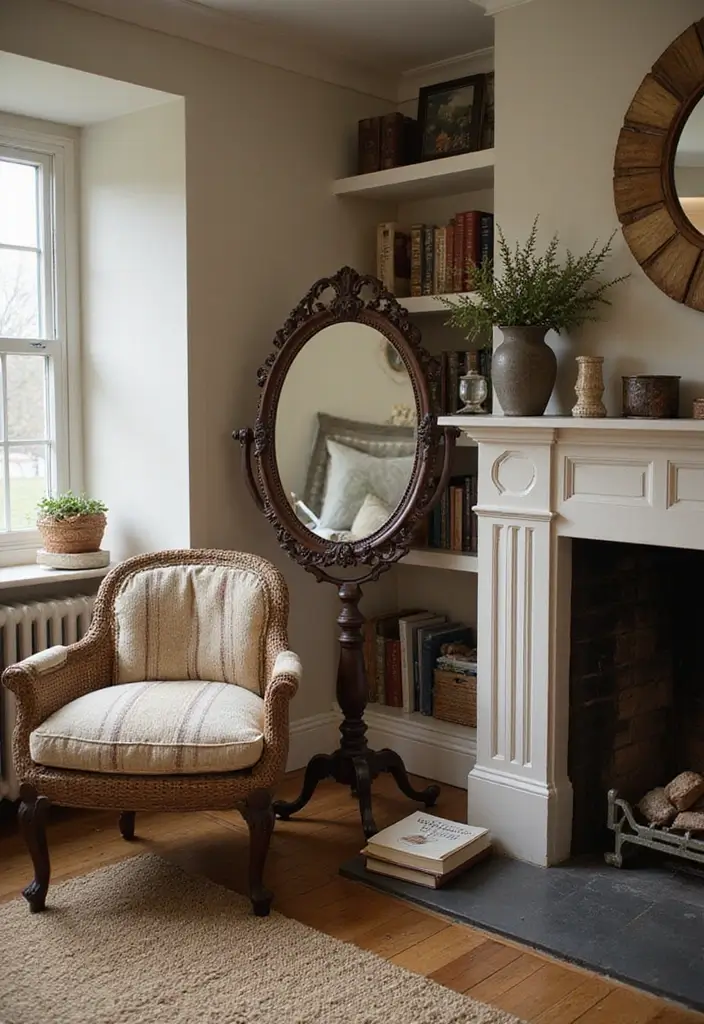30 Fireplace Mirror Ideas That Add Depth and Elegance 26 30 Fireplace Mirror Ideas That Add Depth and Elegance - 26. Vintage Round Mirror with Stand