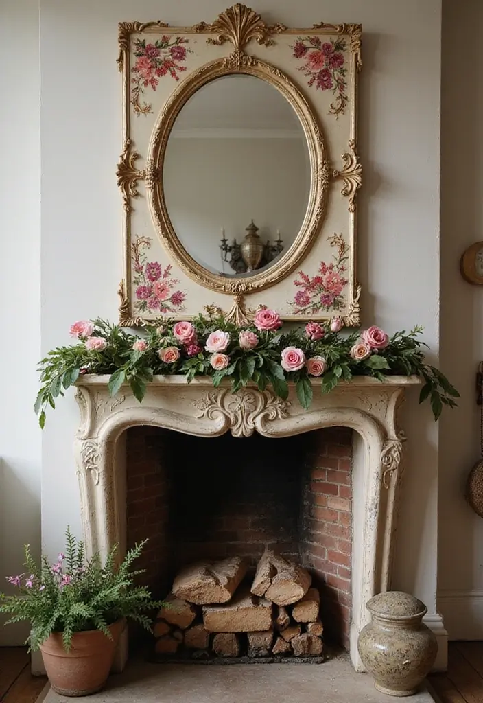 30 Fireplace Mirror Ideas That Add Depth and Elegance 29 30 Fireplace Mirror Ideas That Add Depth and Elegance - 29. Vintage Floral Motif Mirror