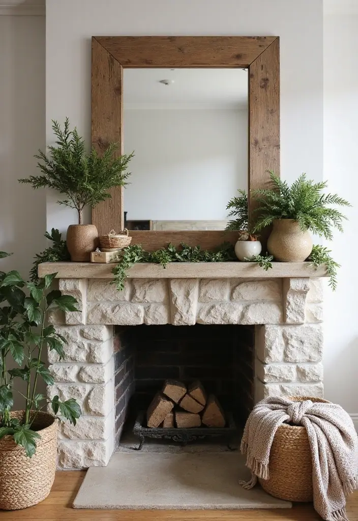 30 Fireplace Mirror Ideas That Add Depth and Elegance 3 30 Fireplace Mirror Ideas That Add Depth and Elegance - 3. Rustic Wooden Frame
