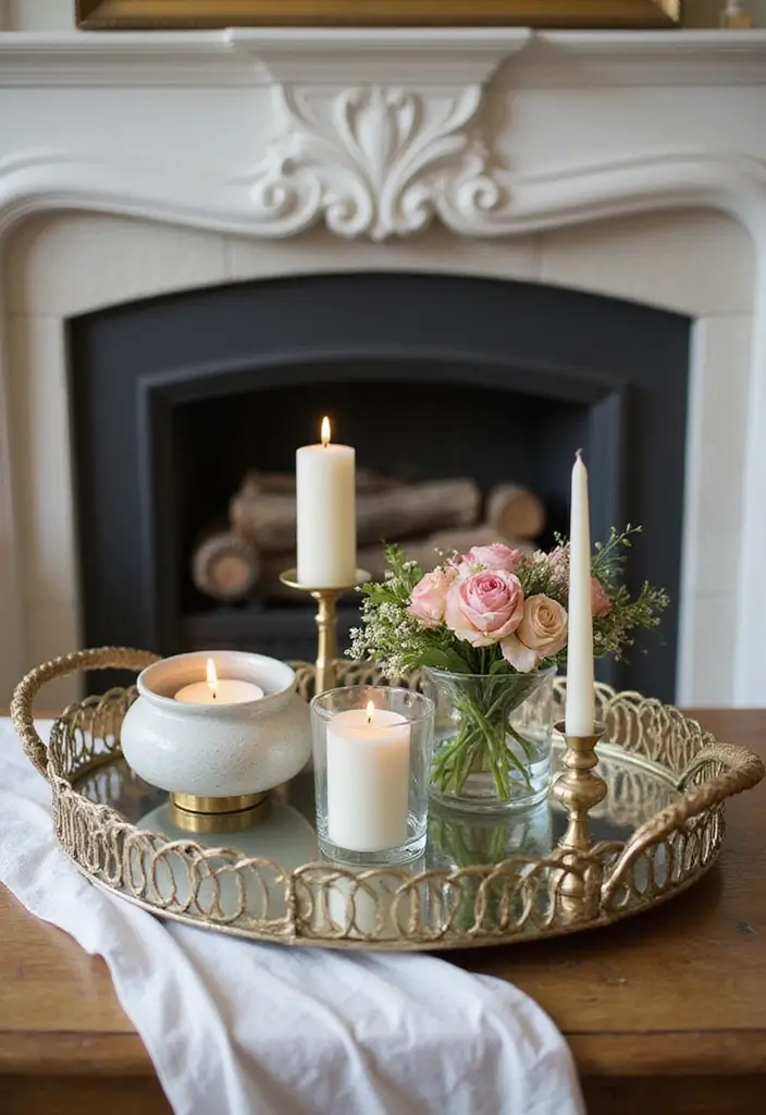 30 Fireplace Mirror Ideas That Add Depth and Elegance 30 30 Fireplace Mirror Ideas That Add Depth and Elegance - 30. Vintage Mirrored Tray Accent