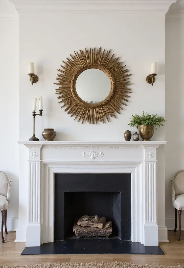 30 Fireplace Mirror Ideas That Add Depth and Elegance 4 30 Fireplace Mirror Ideas That Add Depth and Elegance - 4. Vintage Starburst Mirror