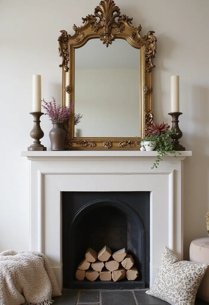 30 Fireplace Mirror Ideas That Add Depth and Elegance 6 30 Fireplace Mirror Ideas That Add Depth and Elegance - 6. Vintage Ornate Mirror