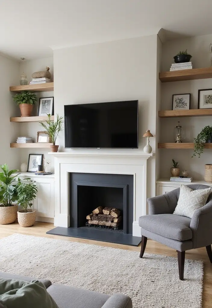 30 Fireplaces With TV Above That Actually Work in Any Room - 10. Open Shelving Accents