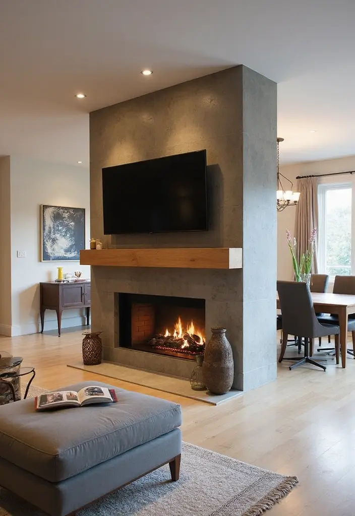 30 Fireplaces With TV Above That Actually Work in Any Room - 18. Fireplace as a Room Divider