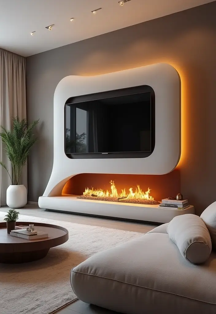 30 Fireplaces With TV Above That Actually Work in Any Room - 8. Futuristic Curved Fireplace