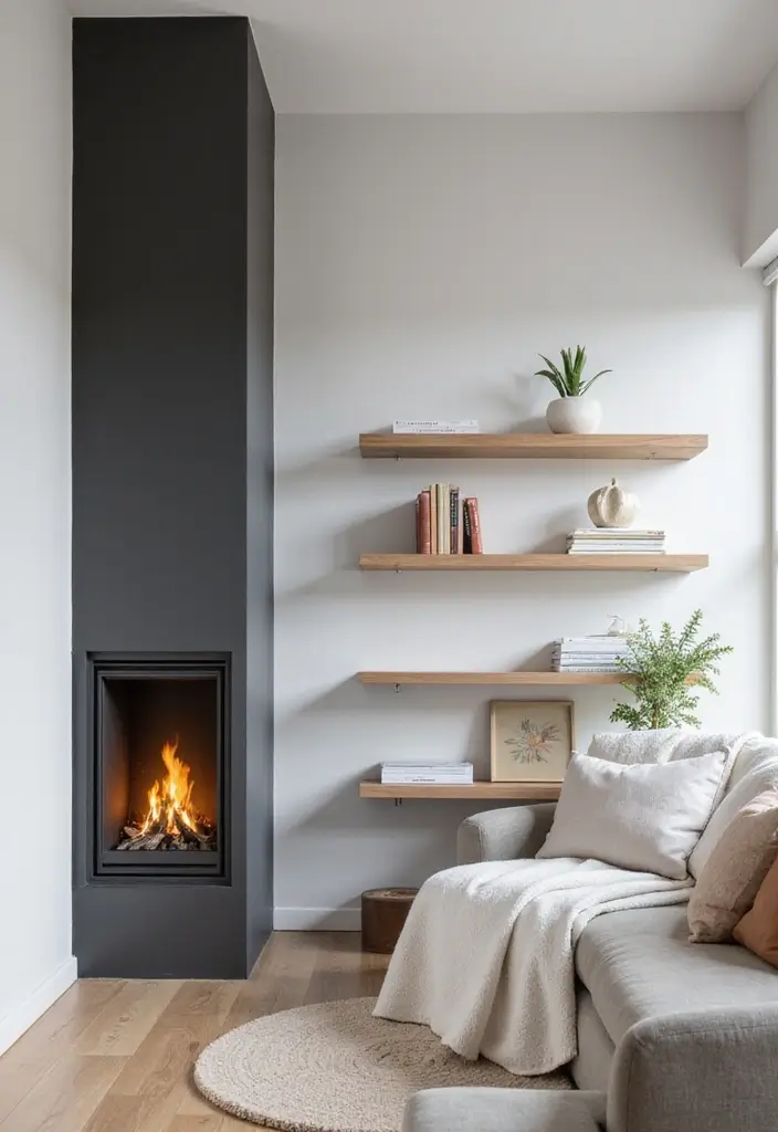 30 Tall Fireplace Designs That Command Attention 25 30 Tall Fireplace Designs That Command Attention - 25. Minimalist Floating Shelves