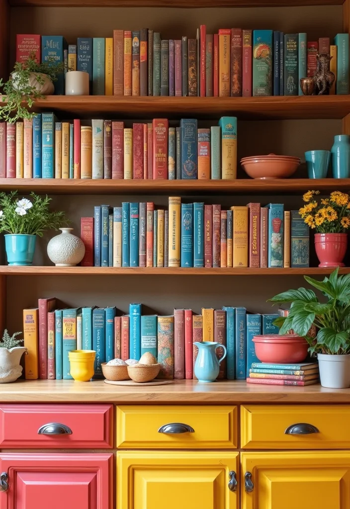 12 Above Kitchen Cabinet Decor Ideas for Height and Character - 6. Colorful Cookbooks as Decor