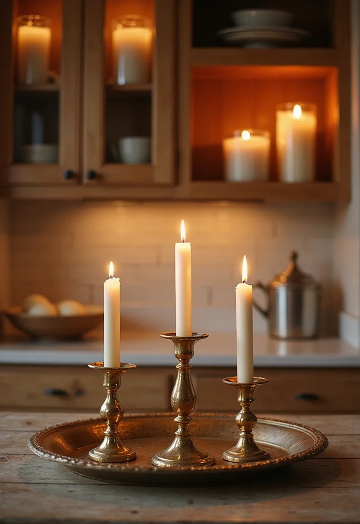 12 Above Kitchen Cabinet Decor Ideas for Height and Character - 8. Elegant Candle Displays