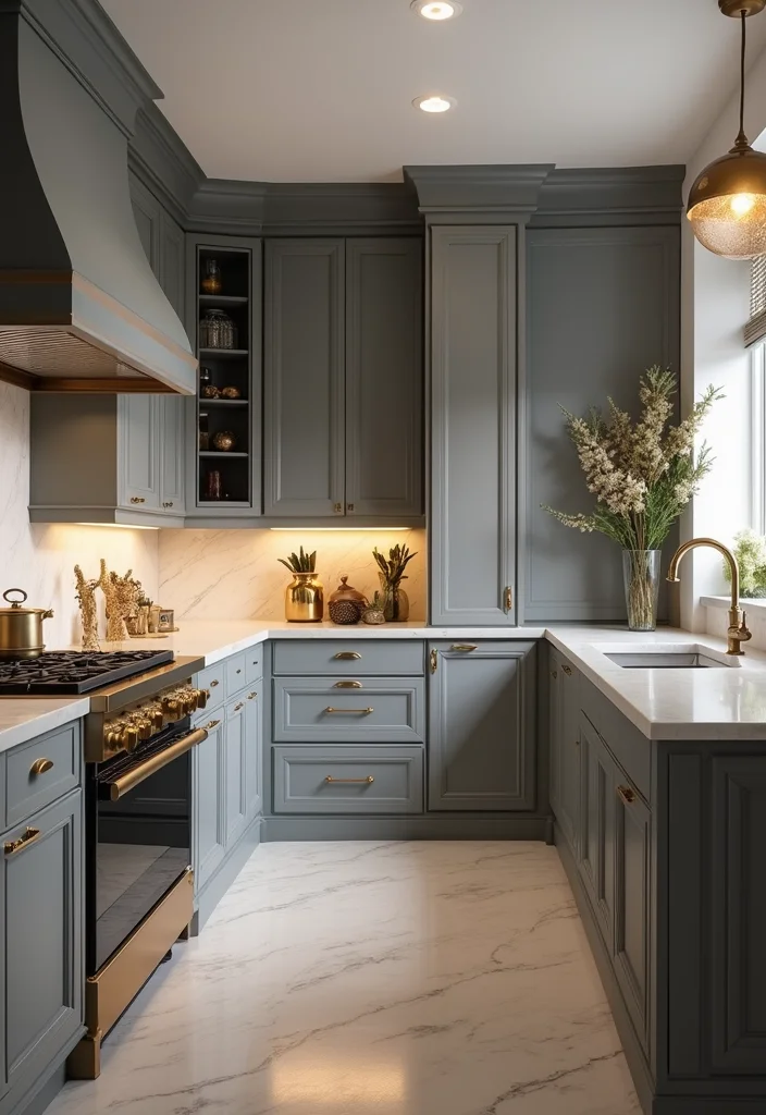 12 Grey Kitchen Ideas for Soft Modern Neutral Charm 11. Grey and Gold Elegance 1