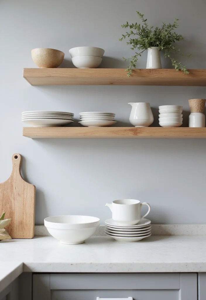 12 Grey Kitchen Ideas for Soft Modern Neutral Charm 5. Open Shelving with Grey Backdrop 2