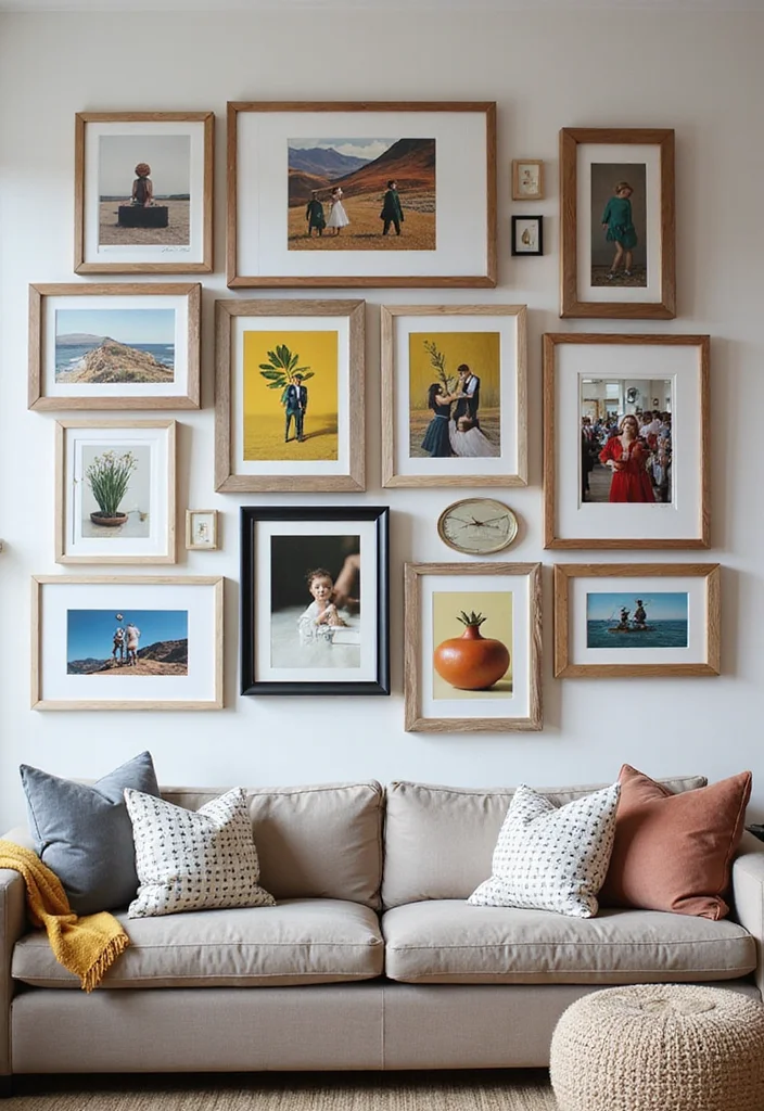 12 Picture Wall Ideas Living Room for Meaningful Visual Impact 34 12 Picture Wall Ideas Living Room for Meaningful Visual Impact 4. Mix Art and Photos 2