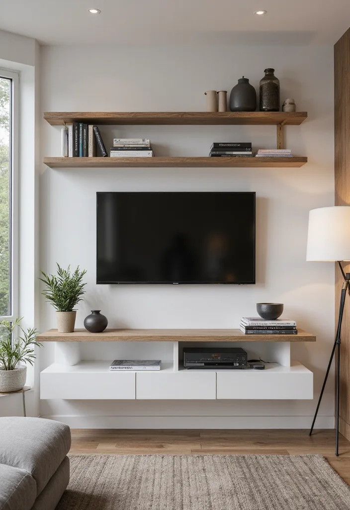 12 Small Living Room Ideas With TV for Smart Practical Layouts 1 12 Small Living Room Ideas With TV for Smart Practical Layouts - 1. Wall-Mounted TV with Floating Shelves
