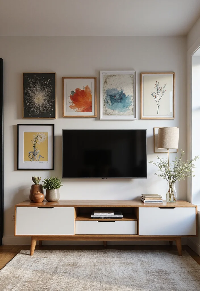 12 Small Living Room Ideas With TV for Smart Practical Layouts 78 12 Small Living Room Ideas With TV for Smart Practical Layouts - 8. Creative TV Wall Art