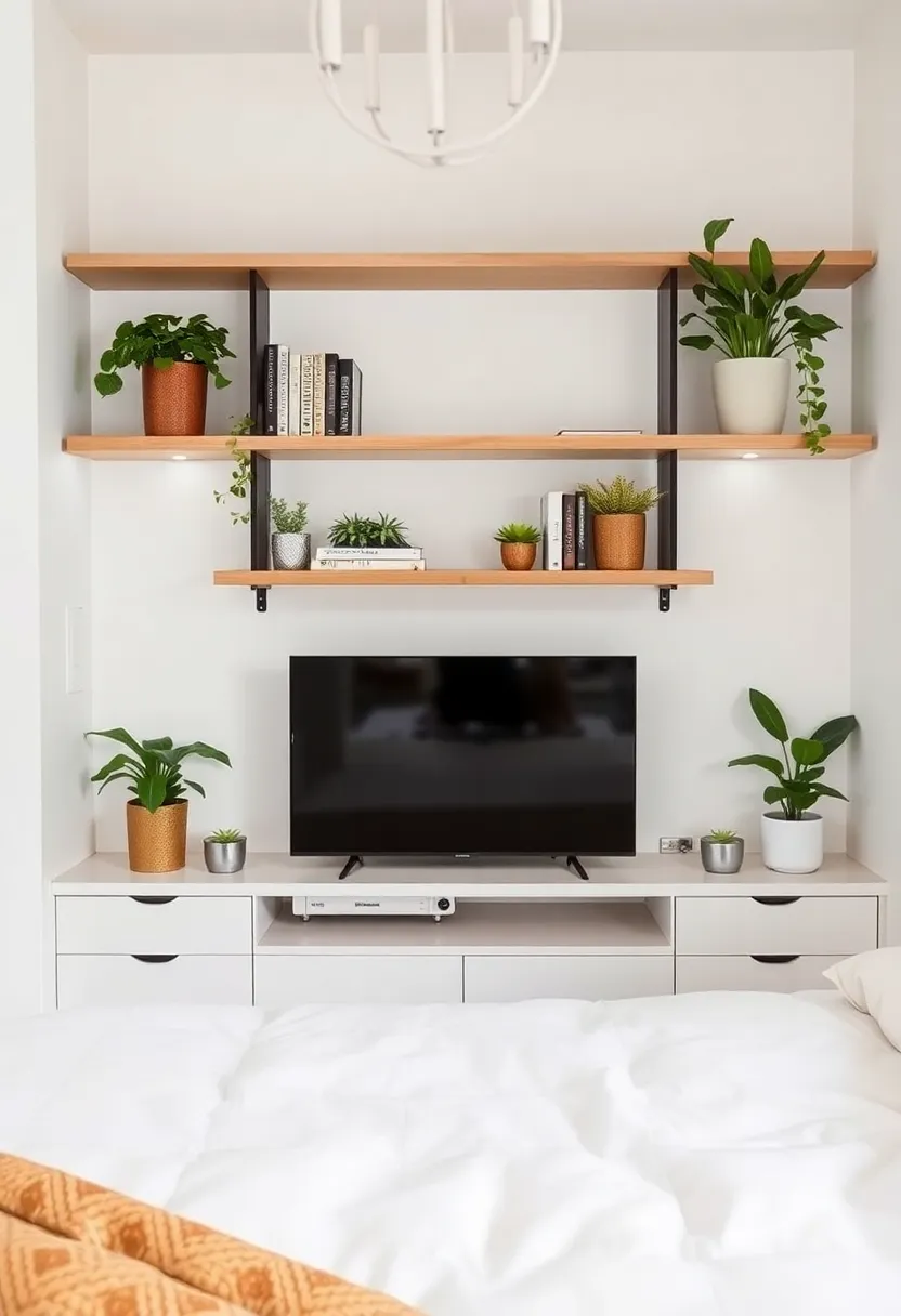 12 TV in Bedroom Ideas for Comfortable Viewing and Layout 12 12 TV in Bedroom Ideas for Comfortable Viewing and Layout - 2. Floating Shelves for Multipurpose Functionality