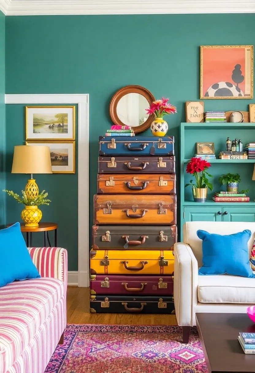 14 Shelving Ideas for Living Room for Smart Storage and Style 89 14 Shelving Ideas for Living Room for Smart Storage and Style - 9. Vintage Suitcases for Quirky Storage