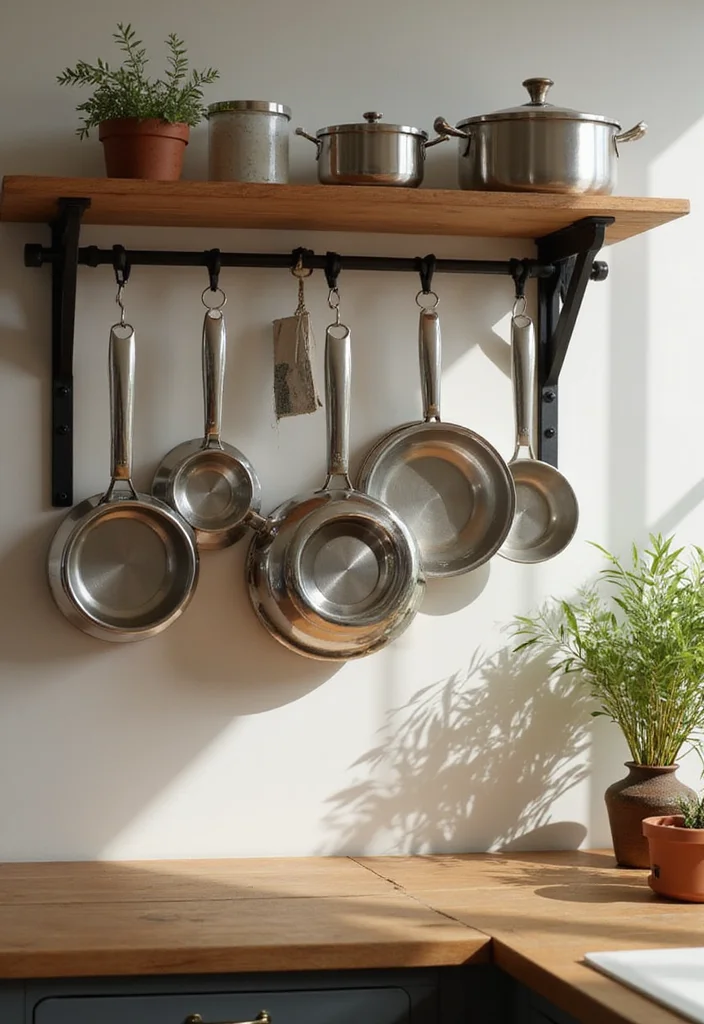 14 Small Kitchen Apartment Ideas for Smart Space Efficiency 23 14 Small Kitchen Apartment Ideas for Smart Space Efficiency - 3. Wall-Mounted Pot Racks