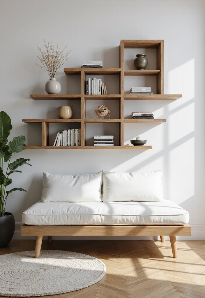 14 Wall Design Ideas Living Room for Texture Pattern and Depth 111 14 Wall Design Ideas Living Room for Texture Pattern and Depth - 11. Floating Shelves for Functional Art