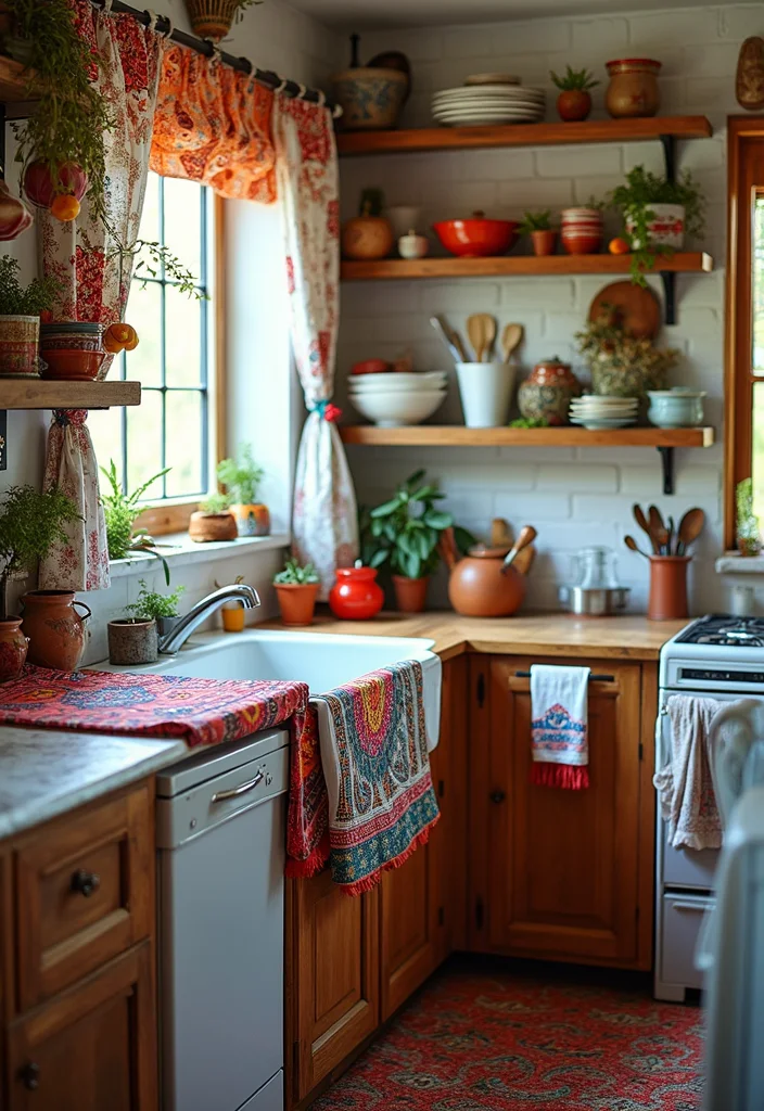 15 Boho Kitchen Ideas for Relaxed Earthy Beautiful Style 12 15 Boho Kitchen Ideas for Relaxed Earthy Beautiful Style 2. Colorful Textiles
