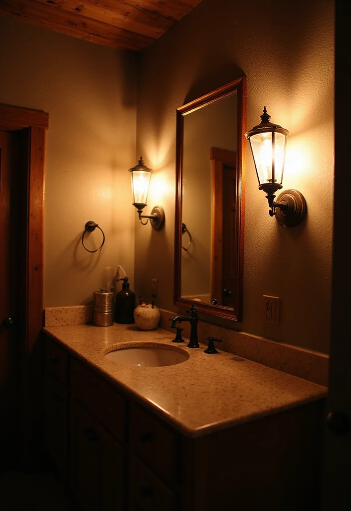 15 Rustic Bathroom Ideas for Warm Natural Comfortable Style 100 15 Rustic Bathroom Ideas for Warm Natural Comfortable Style - 10. Warm Lighting Fixtures