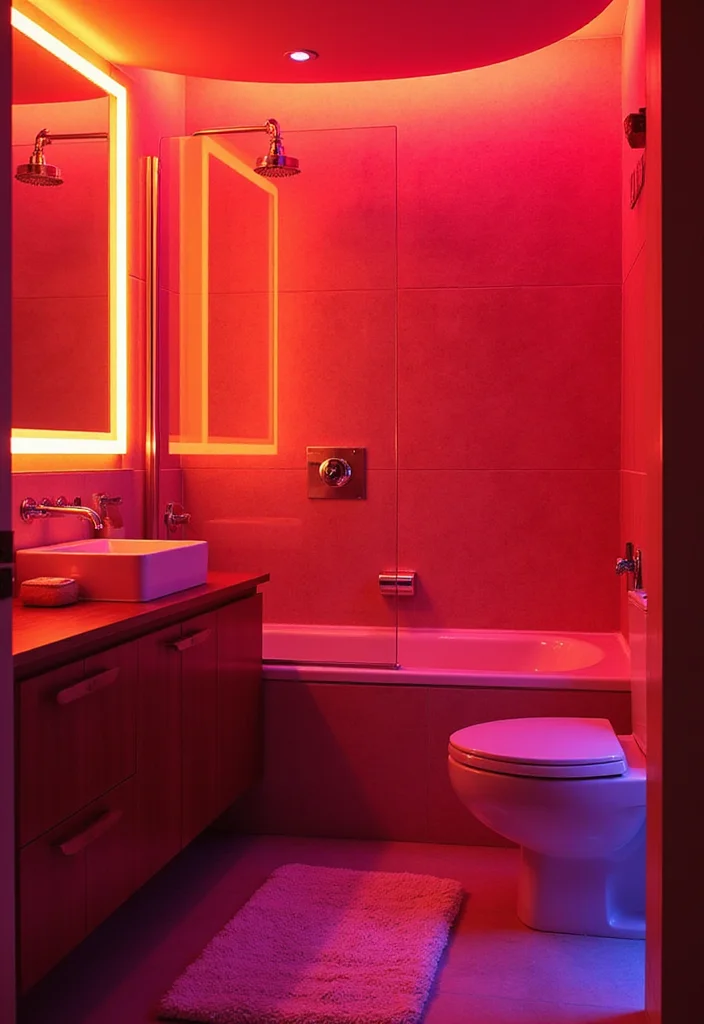16 Bathroom Lighting Ideas for Better Ambience and Clarity 89 16 Bathroom Lighting Ideas for Better Ambience and Clarity - 9. Warm Neon Lighting