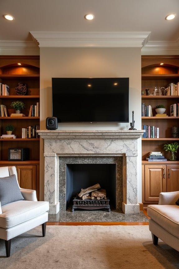 built in shelves frame fireplace tv