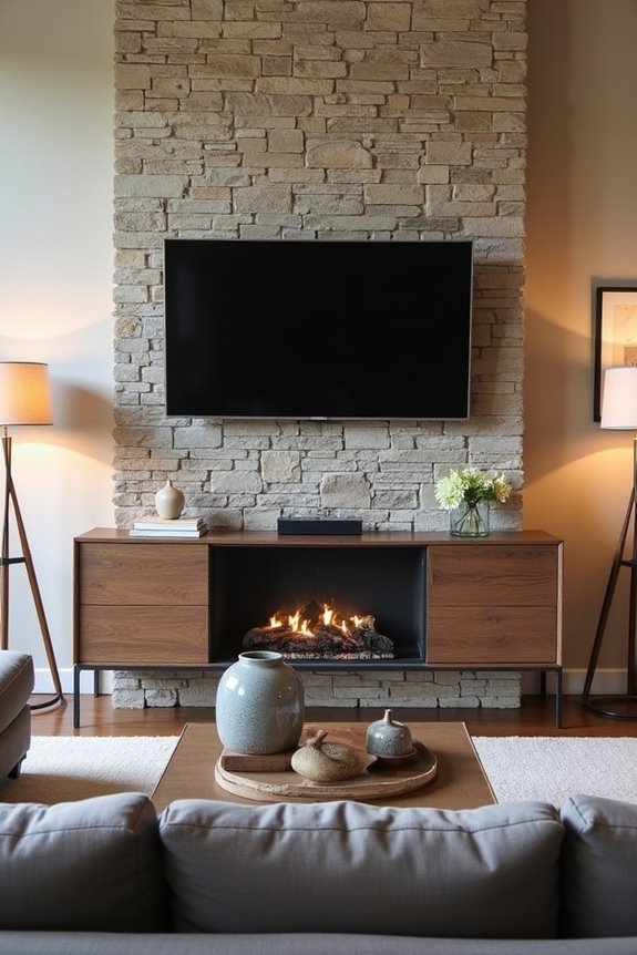 credenza placement balances fireplace focal point