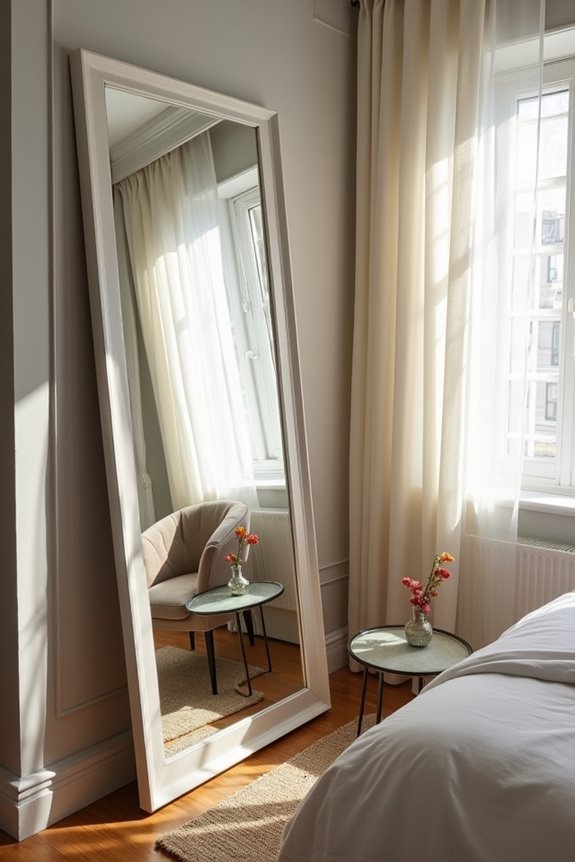 large mirror visually enlarges seating area
