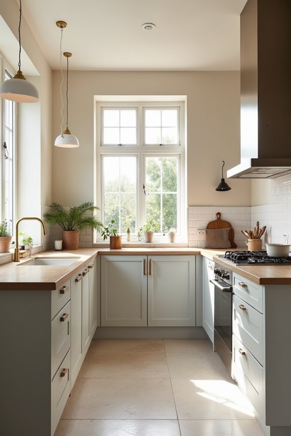 warm neutrals complement grey cabinetry