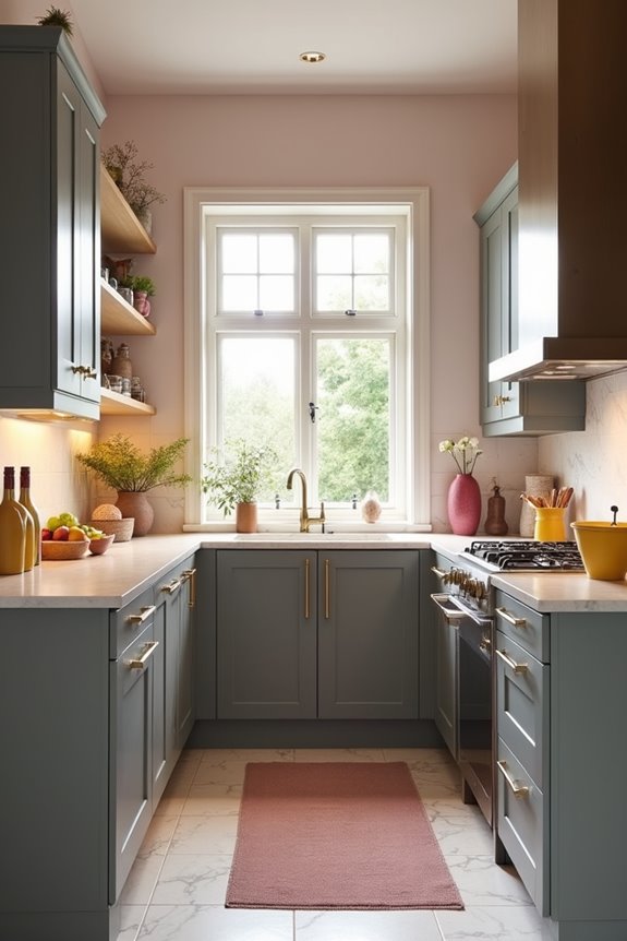 warm pink and yellow accents energize grey kitchens